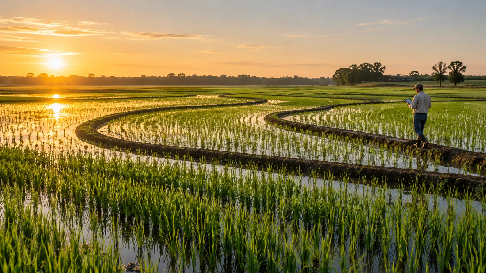 Lavoura de arroz irrigado no Sul do Brasil, com taipas e presença técnica no campo